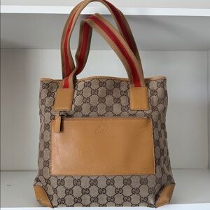 Authentic GUCCI GG Canvas Sherry Line Tote Bag Beige